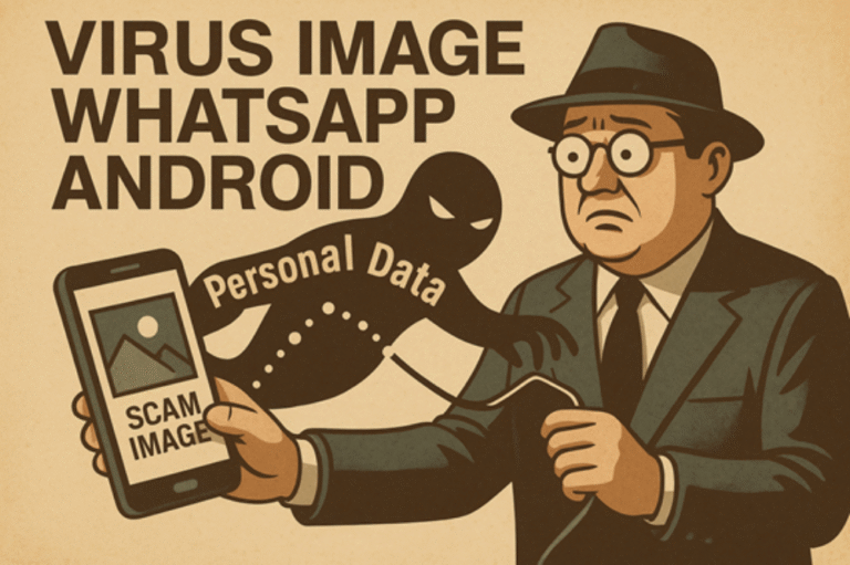 Ilustrasi pria mengenakan jas dan topi dengan ponsel bertuliskan "Virus Image WhatsApp Android", memperingatkan ancaman pencurian data melalui gambar berisi malware.