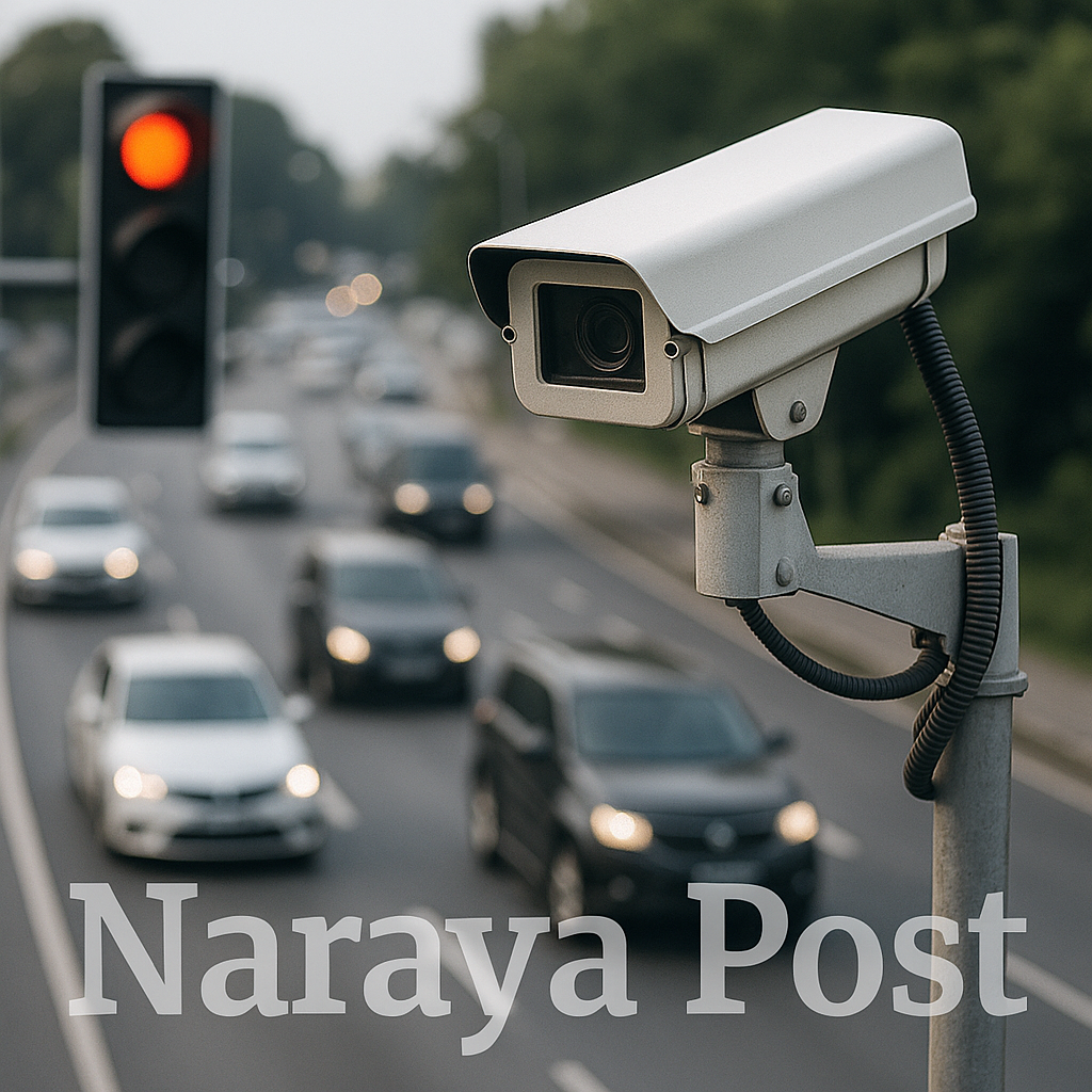 Kamera ETLE terpasang di atas tiang lampu lalu lintas sedang mengawasi kendaraan yang melintas di jalan raya, dengan watermark Naraya Post.