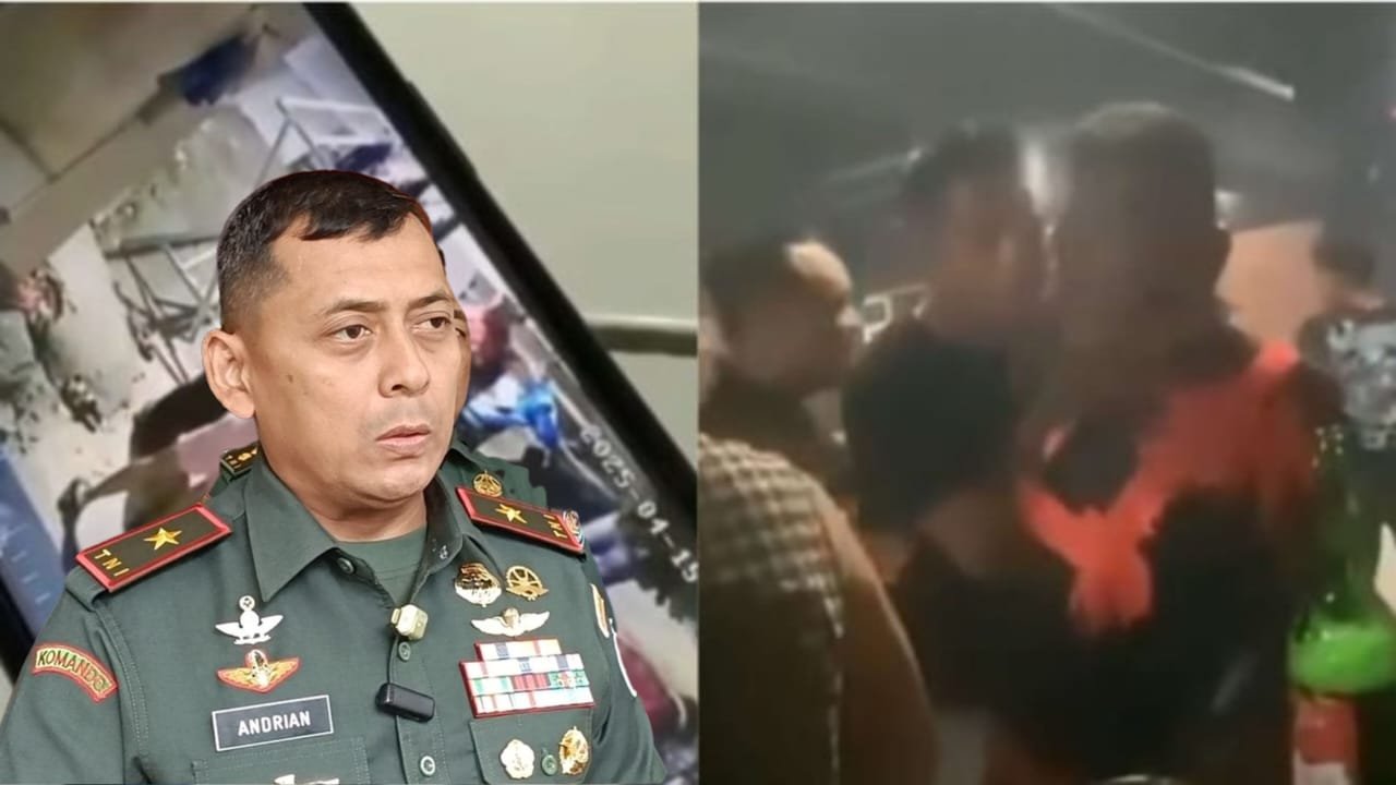 Kolase foto Danrem 064/MY Brigjen TNI Andrian Susanto dan tangkapan layar dugaan pengeroyokan oleh oknum TNI di Serang, Banten, 15 April 2025.