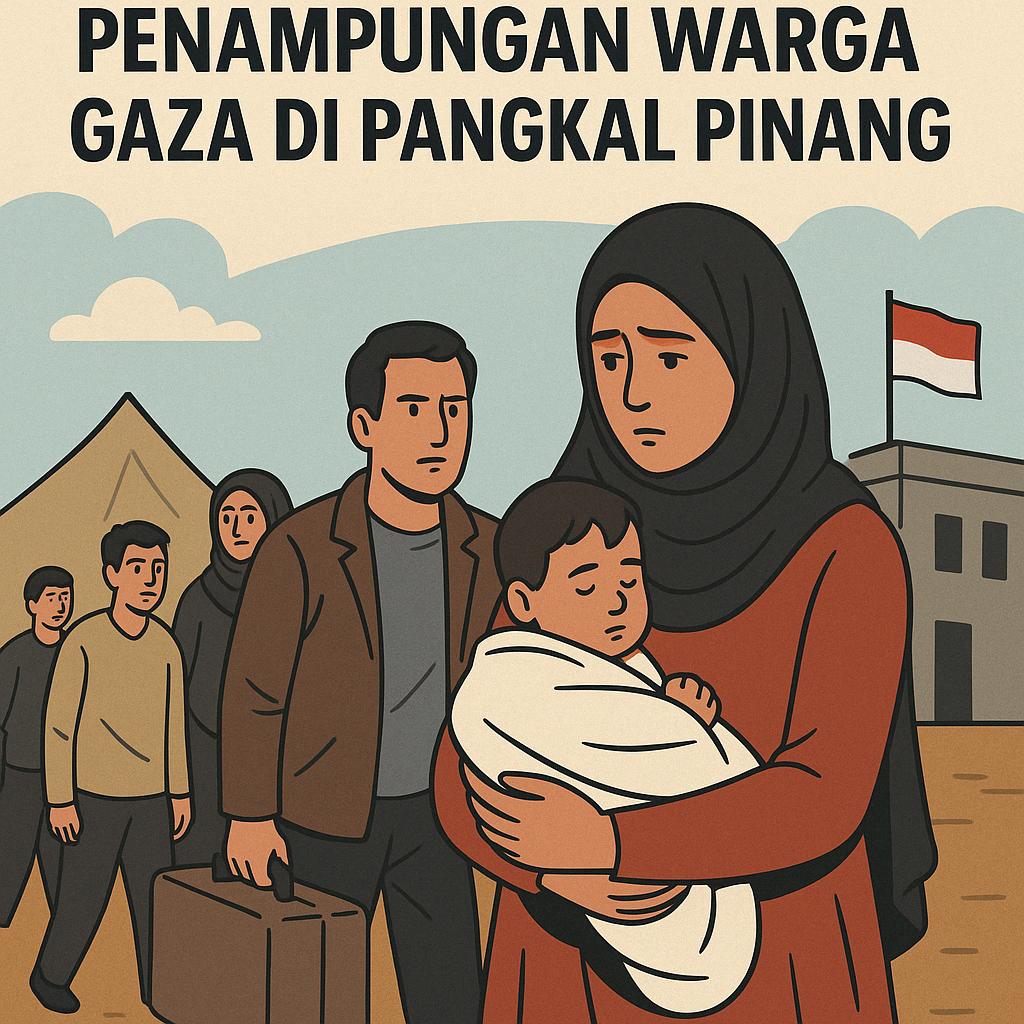 Penampungan warga Gaza di Pangkal Pinang digambarkan dengan tenda pengungsi dan bendera Indonesia sebagai simbol solidaritas kemanusiaan.