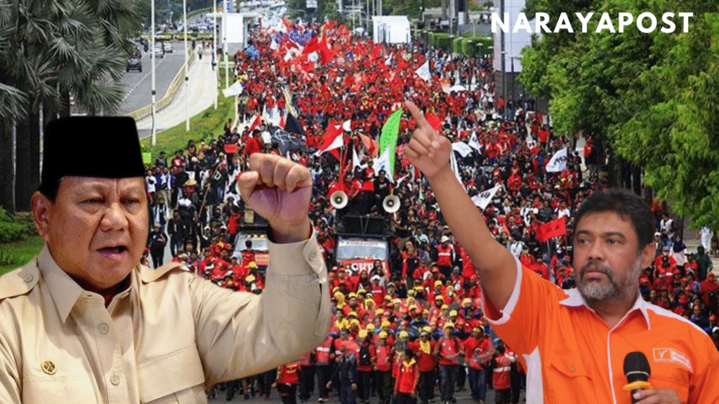 Prabowo Subianto dan Said Iqbal bersama massa buruh dalam peringatan May Day 2025 di Monas Jakarta