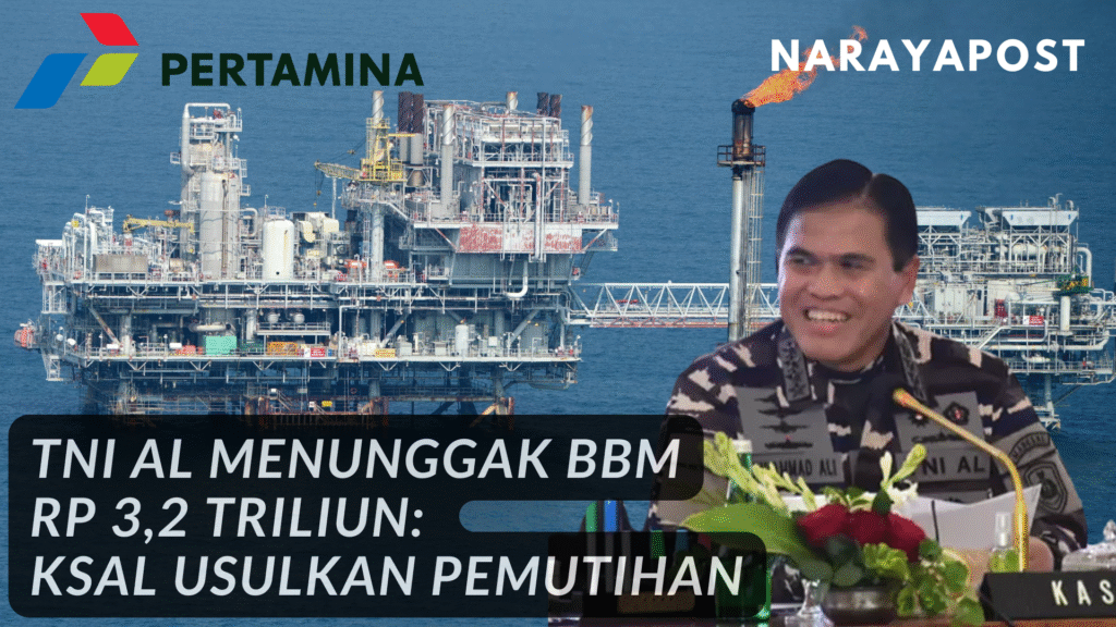 Ilustrasi visual isu TNI AL menunggak BBM Rp 3,2 triliun, menampilkan platform kilang minyak Pertamina di tengah laut dan Laksamana Muhammad Ali dalam rapat resmi bersama DPR RI, dengan teks judul berita dan logo NarayaPost.