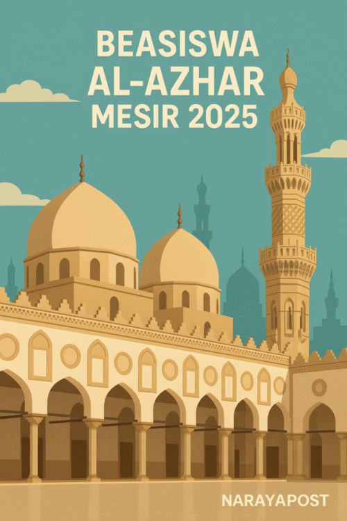 Ilustrasi kampus Al-Azhar dengan judul "Beasiswa Al-Azhar Mesir 2025" dan watermark NarayaPost di bagian bawah