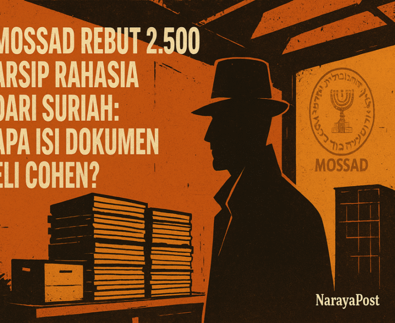 Ilustrasi retro operasi rahasia Mossad yang berhasil merebut 2.500 arsip rahasia dari Suriah terkait agen intelijen Eli Cohen, menampilkan siluet agen, tumpukan dokumen, dan logo Mossad di latar belakang.
