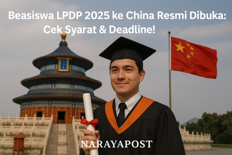 Mahasiswa Indonesia lulusan beasiswa LPDP berdiri di depan Temple of Heaven dengan judul artikel dan watermark NarayaPost