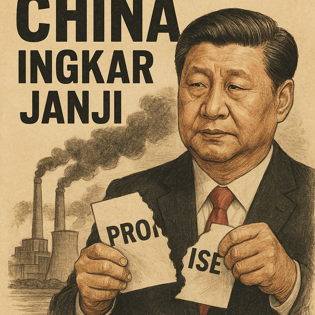 Ilustrasi Presiden Xi Jinping merobek janji, dengan latar belakang PLTU batu bara dan asap tebal, menggambarkan isu "China Ingkar Janji" terhadap komitmen iklim global.
