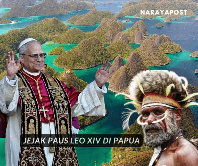 Paus Leo XIV dan seorang tokoh adat Papua di depan lanskap Raja Ampat, menggambarkan jejak kunjungan Paus ke Papua untuk artikel NarayaPost.