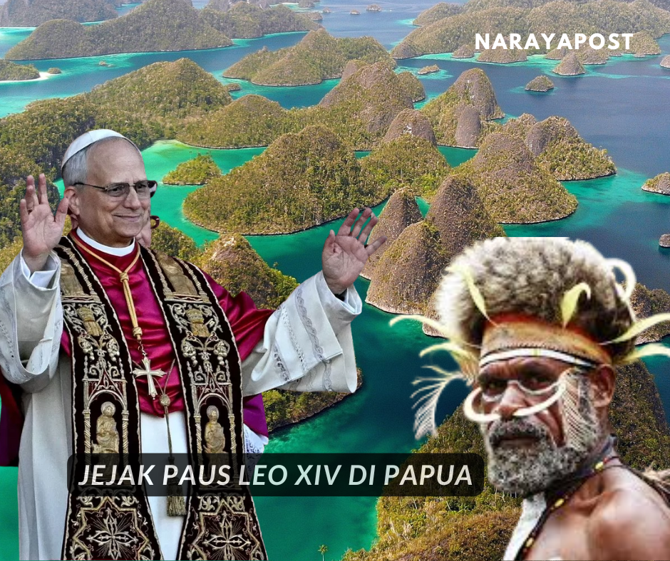 Paus Leo XIV dan seorang tokoh adat Papua di depan lanskap Raja Ampat, menggambarkan jejak kunjungan Paus ke Papua untuk artikel NarayaPost.