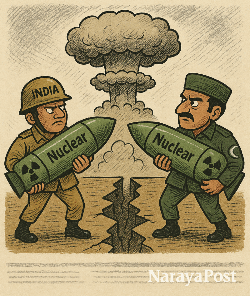 Karikatur ketegangan India-Pakistan tahun 2025, menggambarkan dua prajurit dari masing-masing negara membawa rudal nuklir di hadapan ledakan awan jamur, dengan judul "India-Pakistan Memanas: Bayang-Bayang Perang Nuklir Menguat" dan watermark NarayaPost.