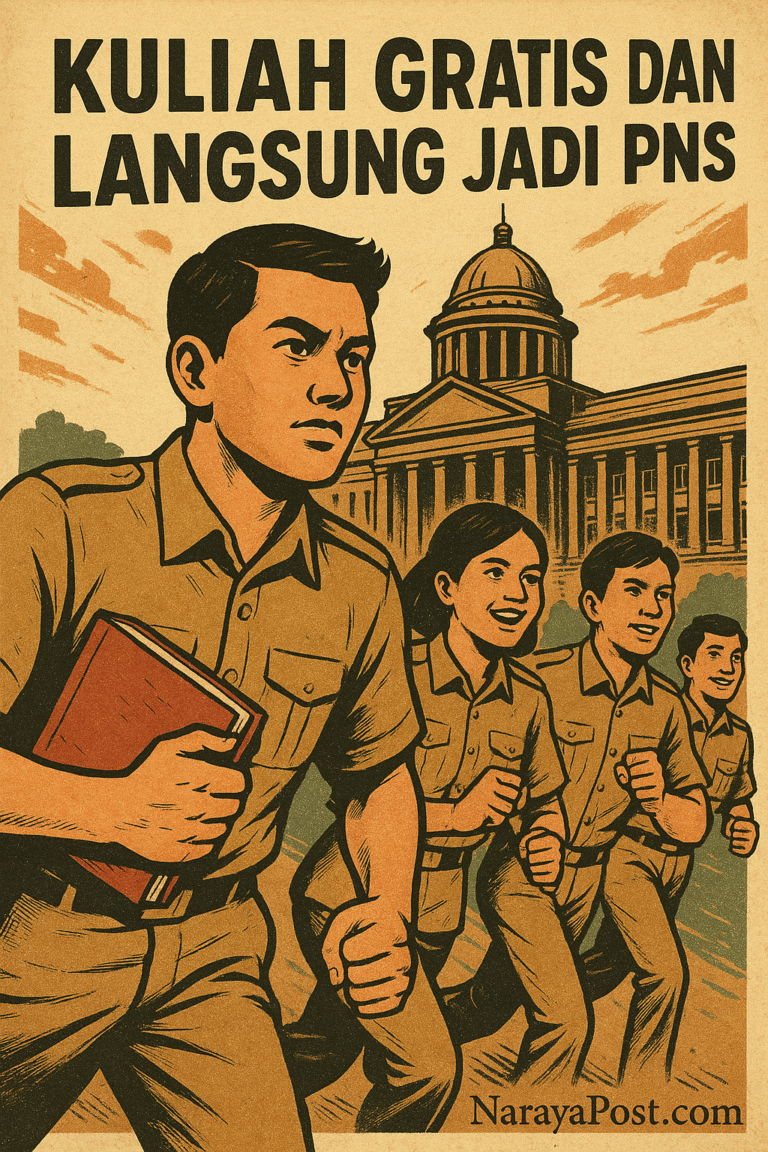 Ilustrasi vintage siswa sekolah kedinasan Indonesia dengan seragam PNS dan teks "Kuliah Gratis dan Langsung Jadi PNS", karya NarayaPost.com