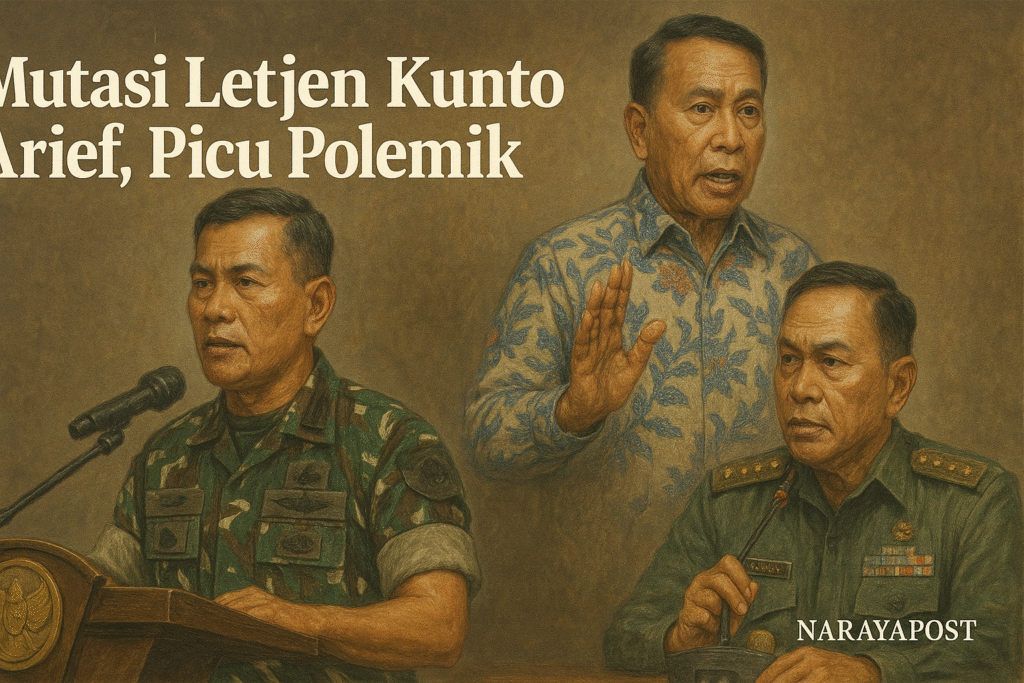 Ilustrasi realistik tiga tokoh militer dan politik Indonesia dalam isu mutasi Letjen Kunto Arief, disertai judul "Mutasi Letjen Kunto Arief, Picu Polemik" dan watermark NarayaPost.
