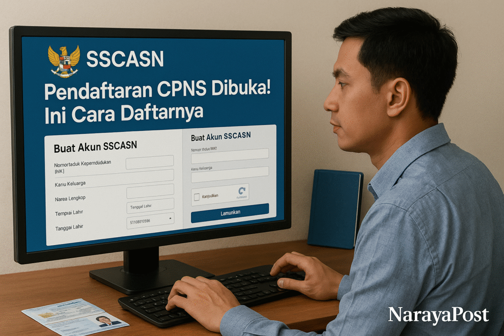 Seorang pria muda Indonesia sedang mendaftar CPNS 2025 melalui situs SSCASN di komputer desktop dengan layar menampilkan formulir pendaftaran dan tulisan “Pendaftaran CPNS Dibuka! Ini Cara Daftarnya”, disertai watermark NarayaPost di sudut kanan bawah.