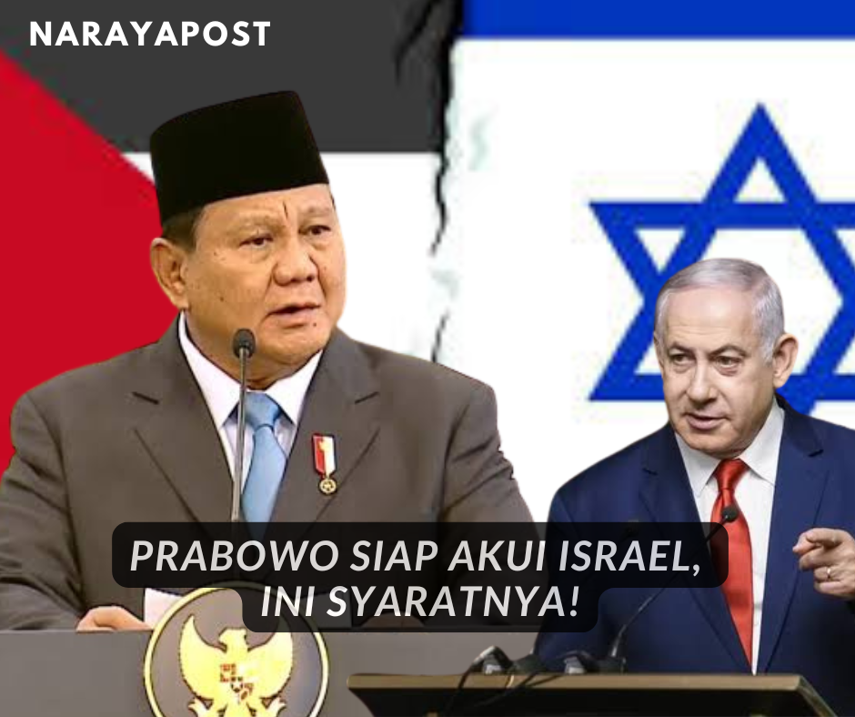 Prabowo Subianto berbicara di podium, latar belakang bendera Palestina dan Israel, judul 'Prabowo Siap Akui Israel, Ini Syaratnya!'