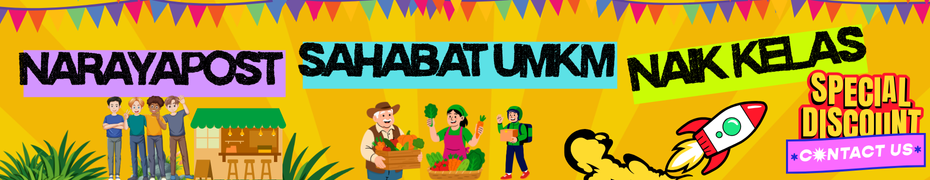 Banner promosi Narayapost Sahabat UMKM Naik Kelas, menawarkan diskon spesial iklan untuk membantu usaha kecil dan menengah bertumbuh.